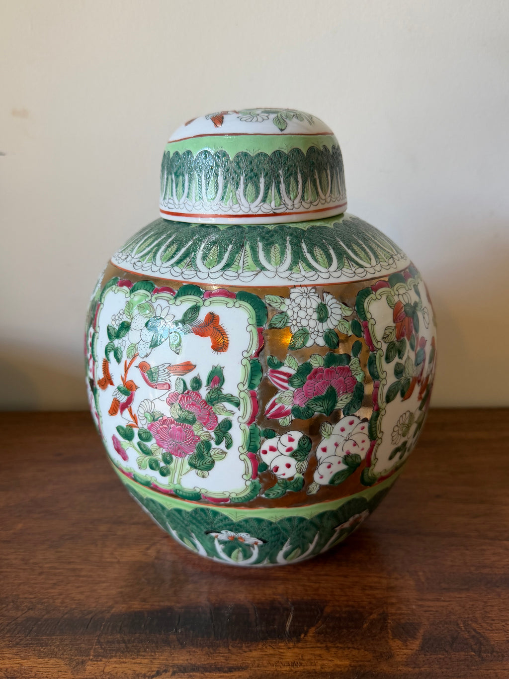 Vintage Bokchoy Ginger Jar with Pink Florals & Birds