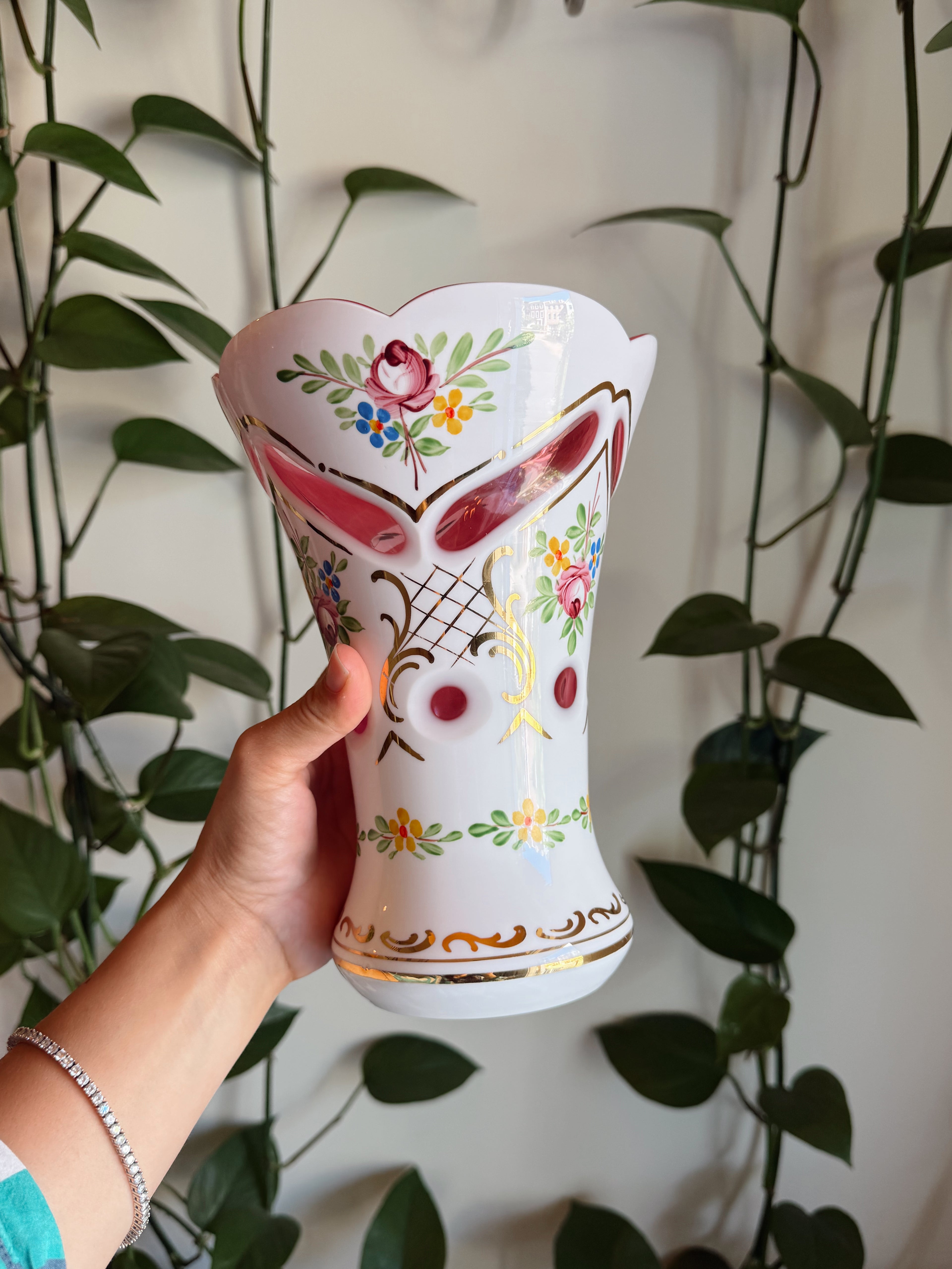 Bohemian Glass Vase with Handpainted Florals and Pink Interior