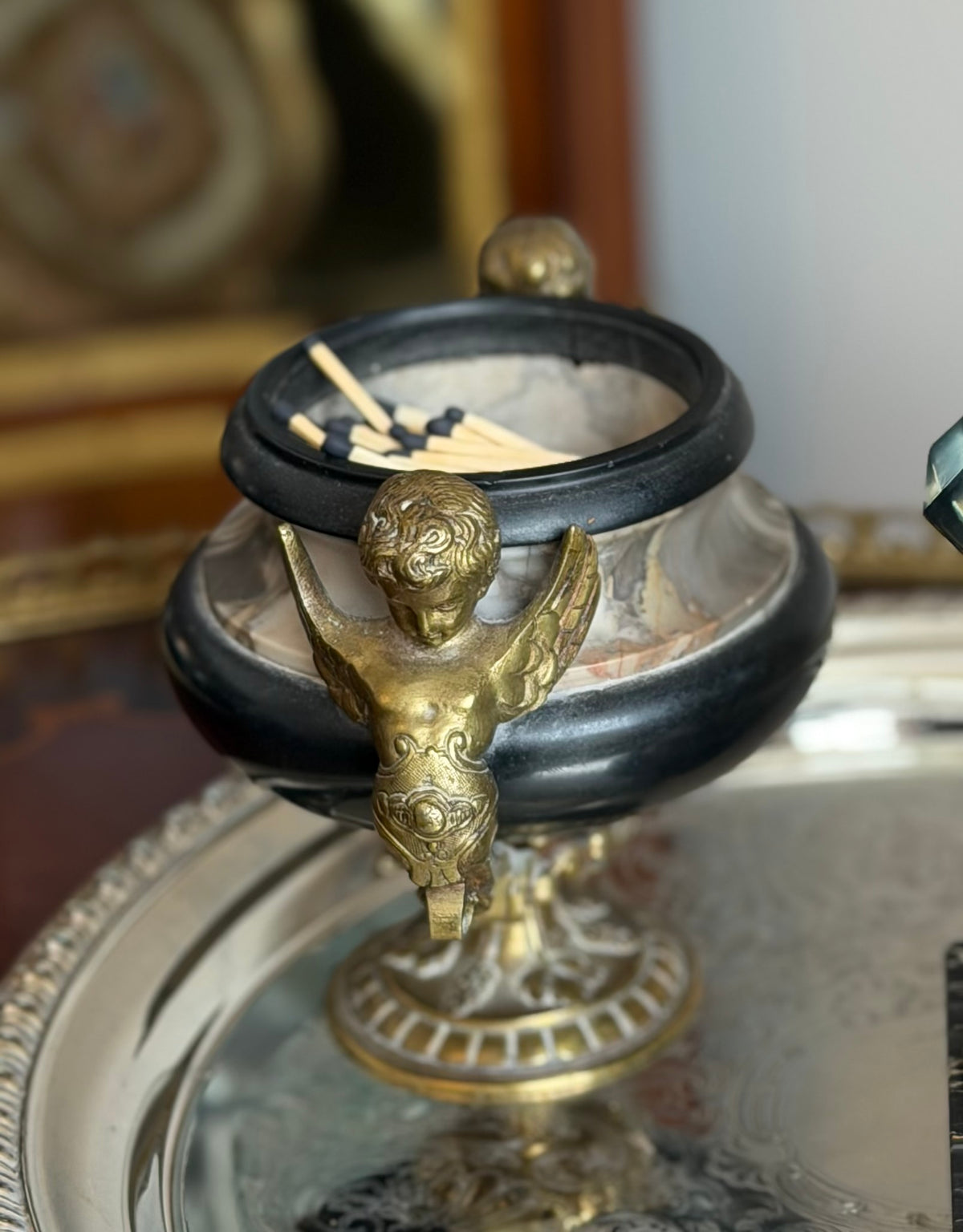 Antique Marble and Bronze Riser or Match Holder