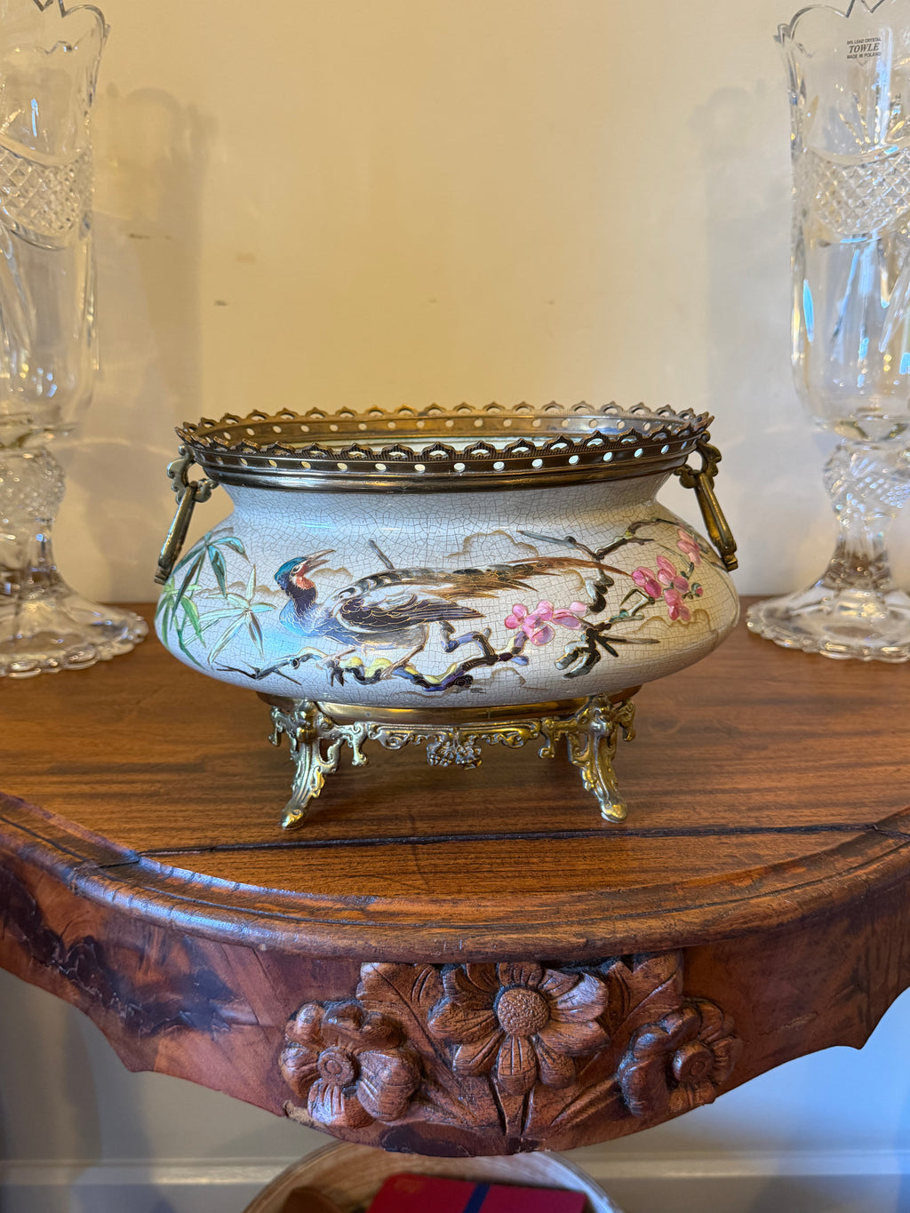 Antique French Cachepot with Brass Details and Mount