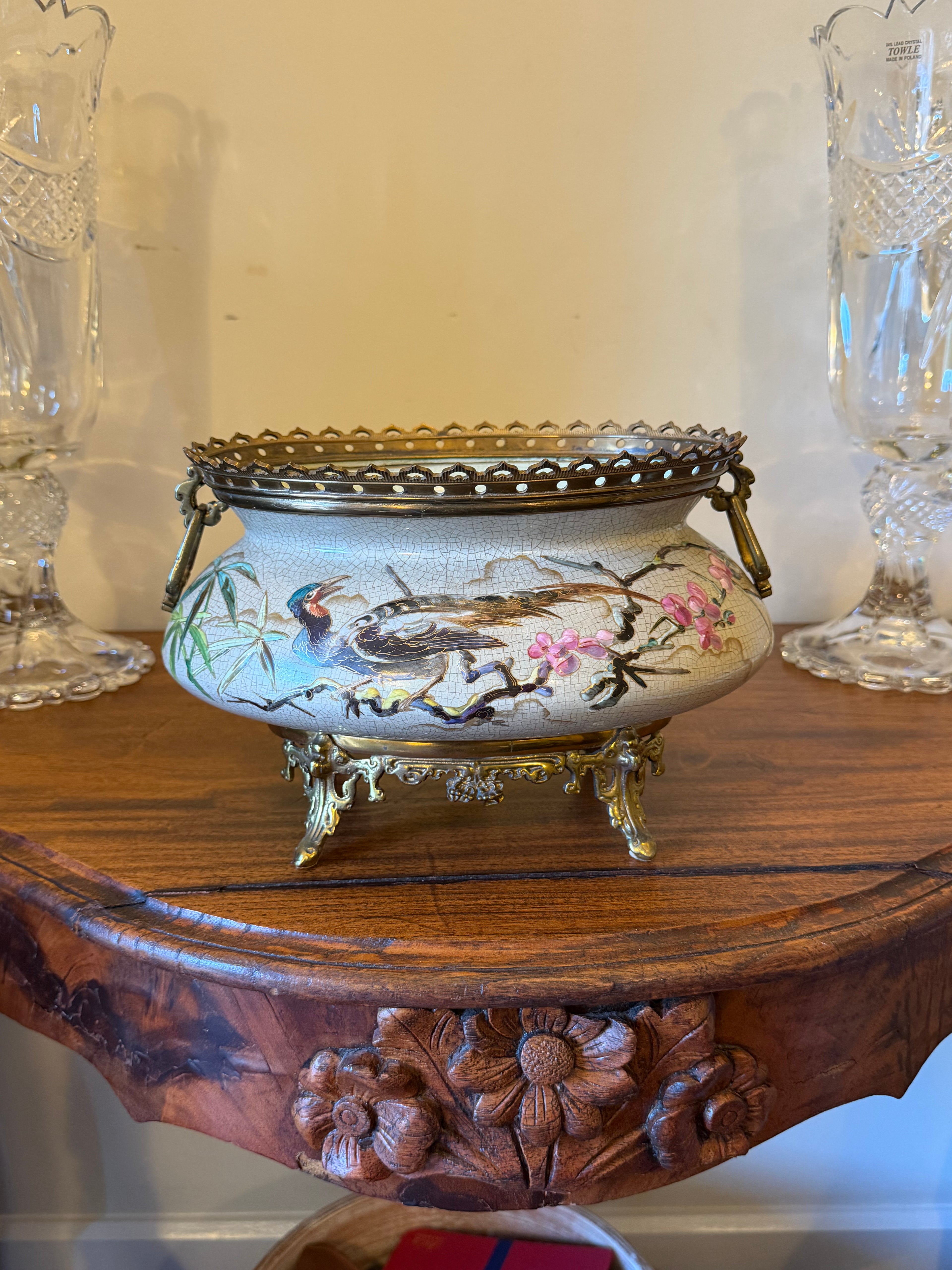 Antique French Cachepot with Brass Details and Mount