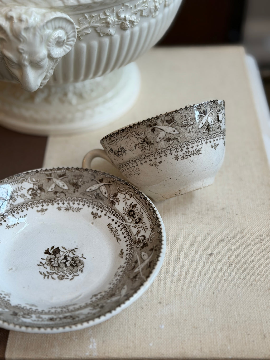 Antique Brown Transferware Teacup and Saucer