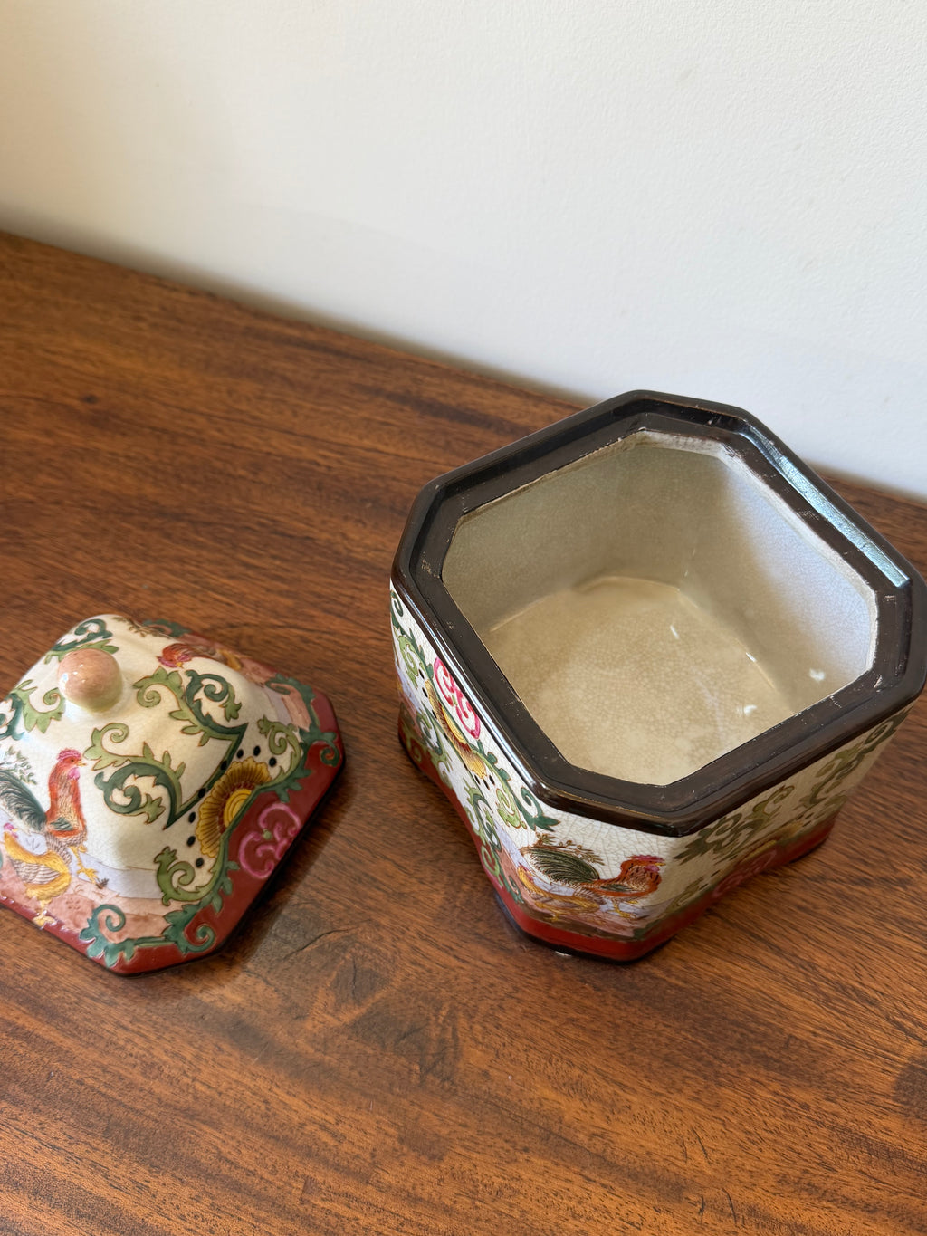 Vintage Chinese Lidded Jar with Rooster Motif