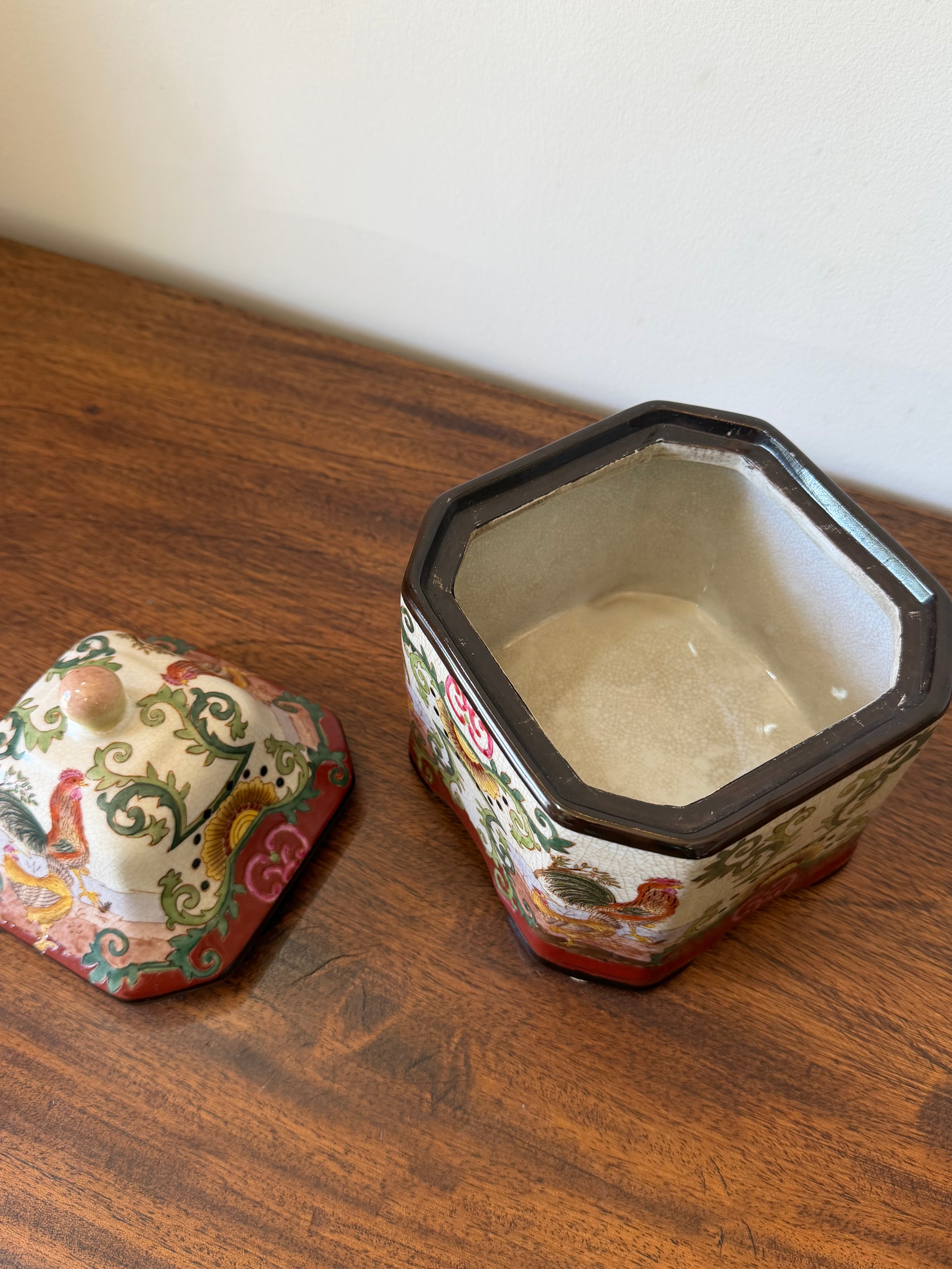 Vintage Chinese Lidded Jar with Rooster Motif