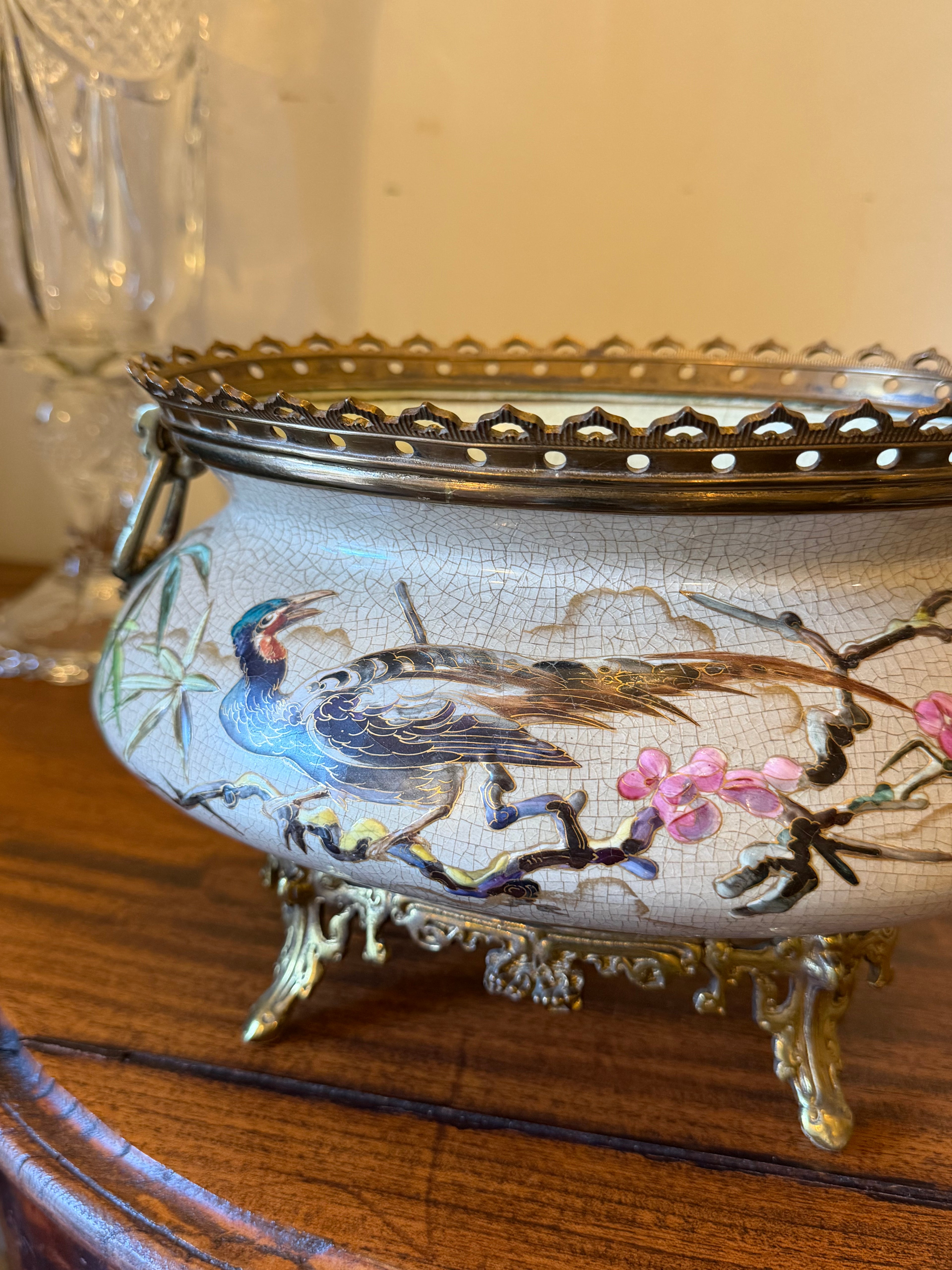 Antique French Cachepot with Brass Details and Mount