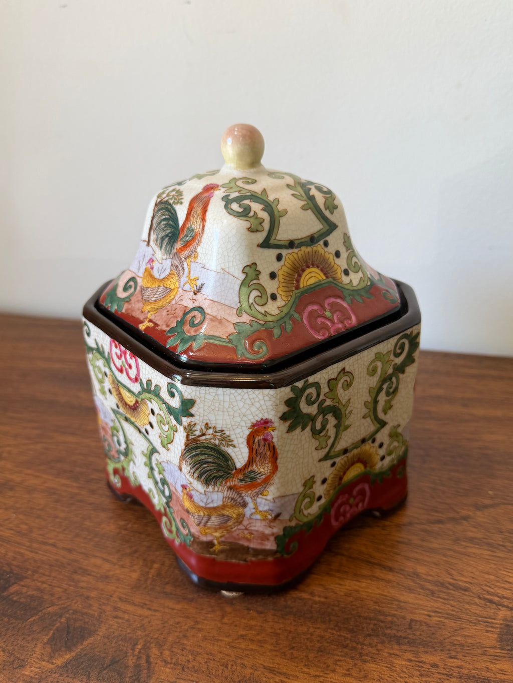 Vintage Chinese Lidded Jar with Rooster Motif