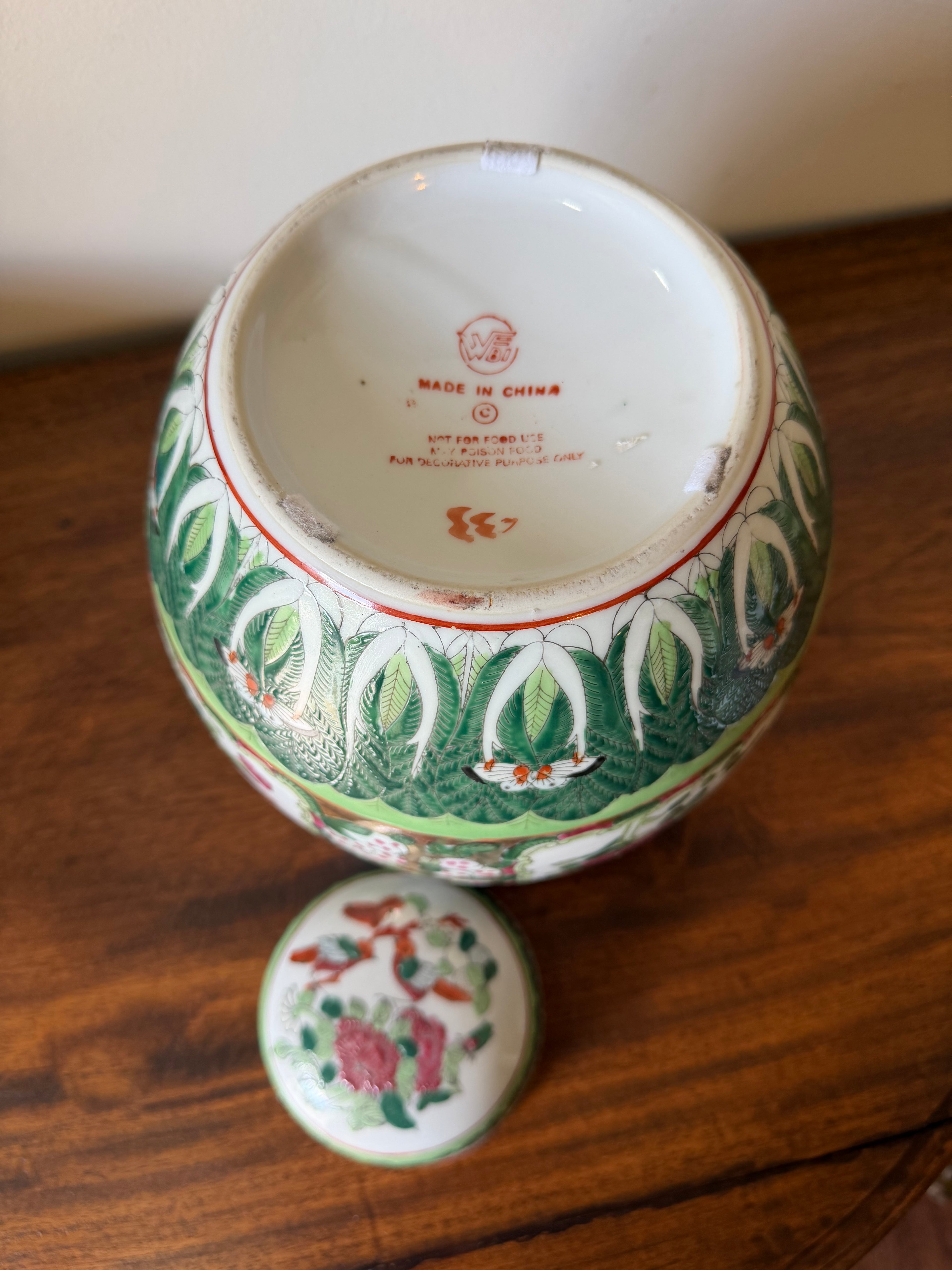 Vintage Bokchoy Ginger Jar with Pink Florals & Birds