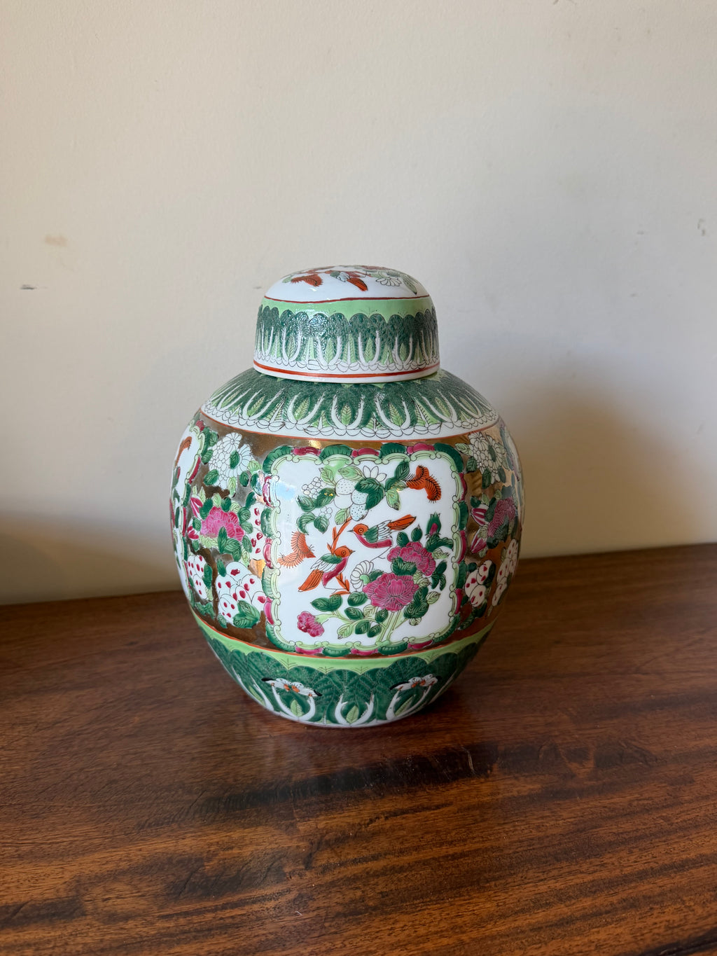 Vintage Bokchoy Ginger Jar with Pink Florals & Birds