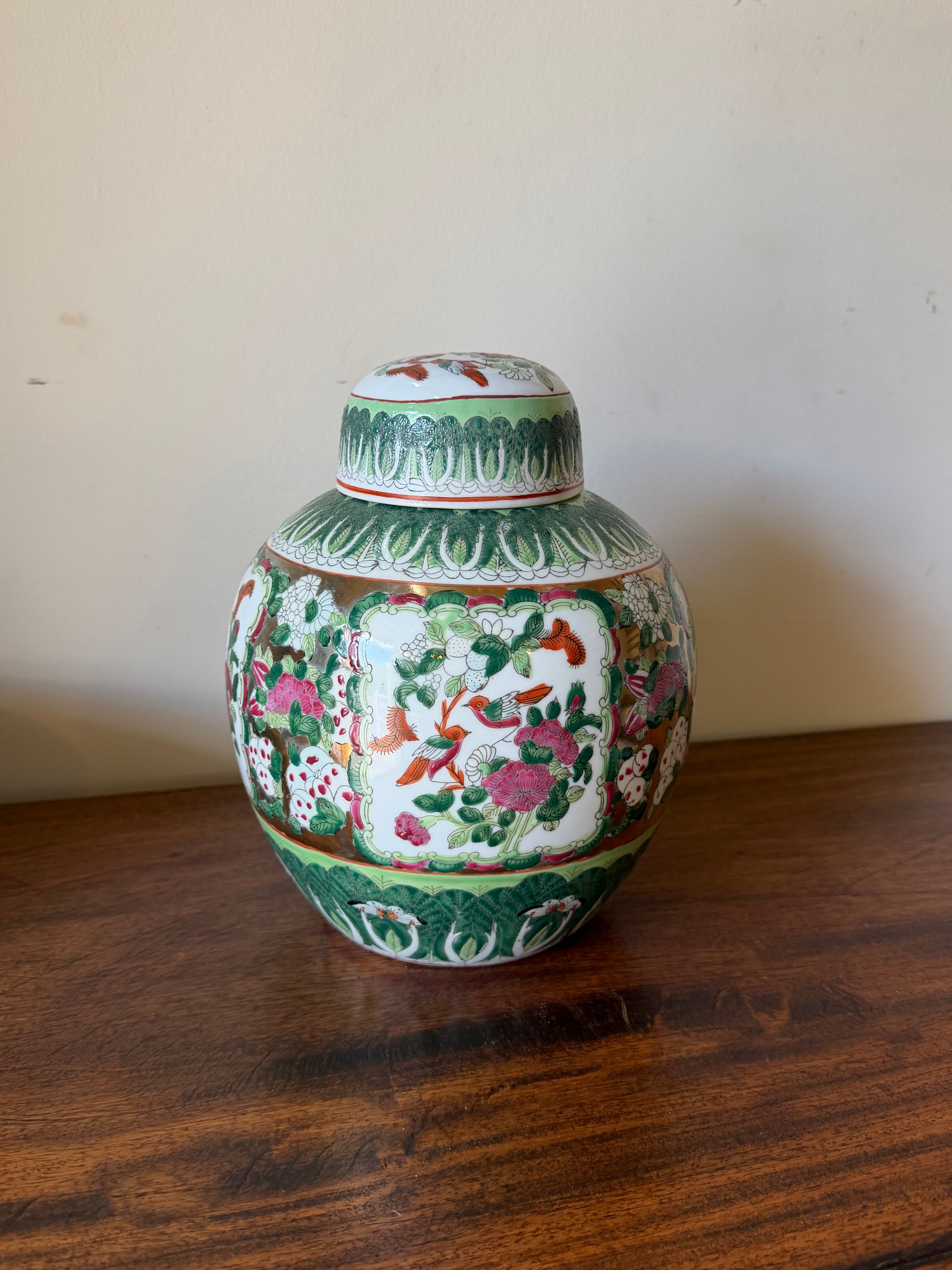 Vintage Bokchoy Ginger Jar with Pink Florals & Birds