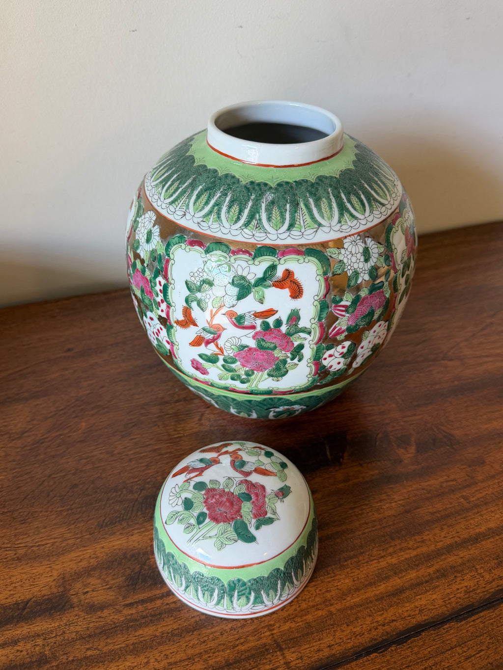 Vintage Bokchoy Ginger Jar with Pink Florals & Birds
