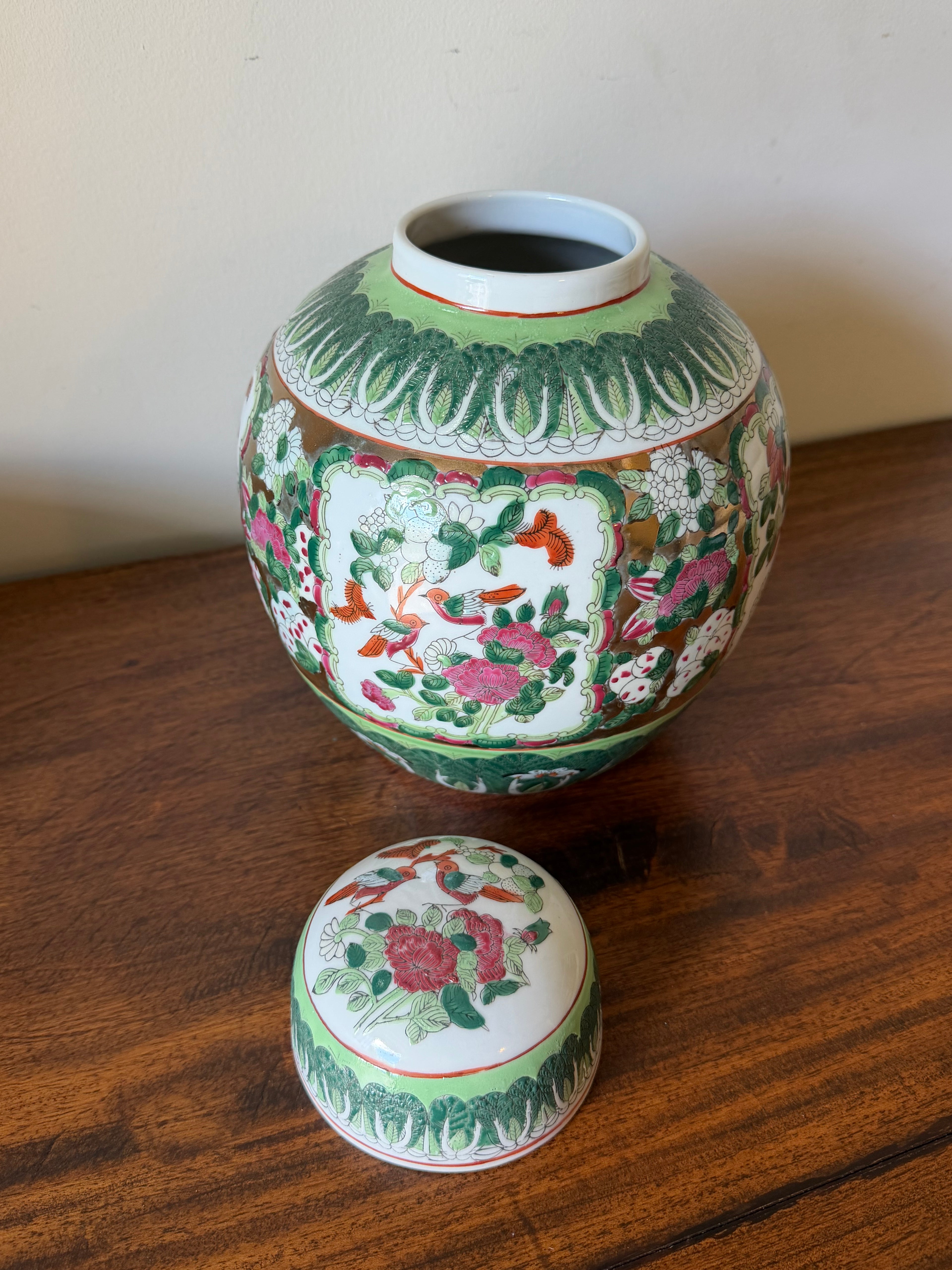 Vintage Bokchoy Ginger Jar with Pink Florals & Birds