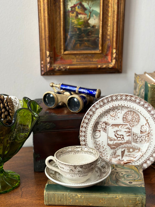 Antique Brown Transferware Teacup and Saucer