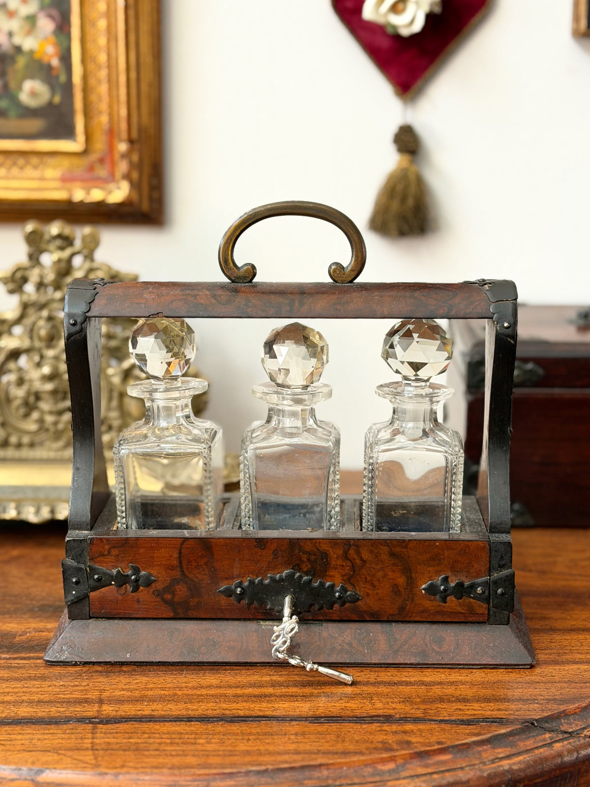 19th Century Burlwood Tantalus Decanter