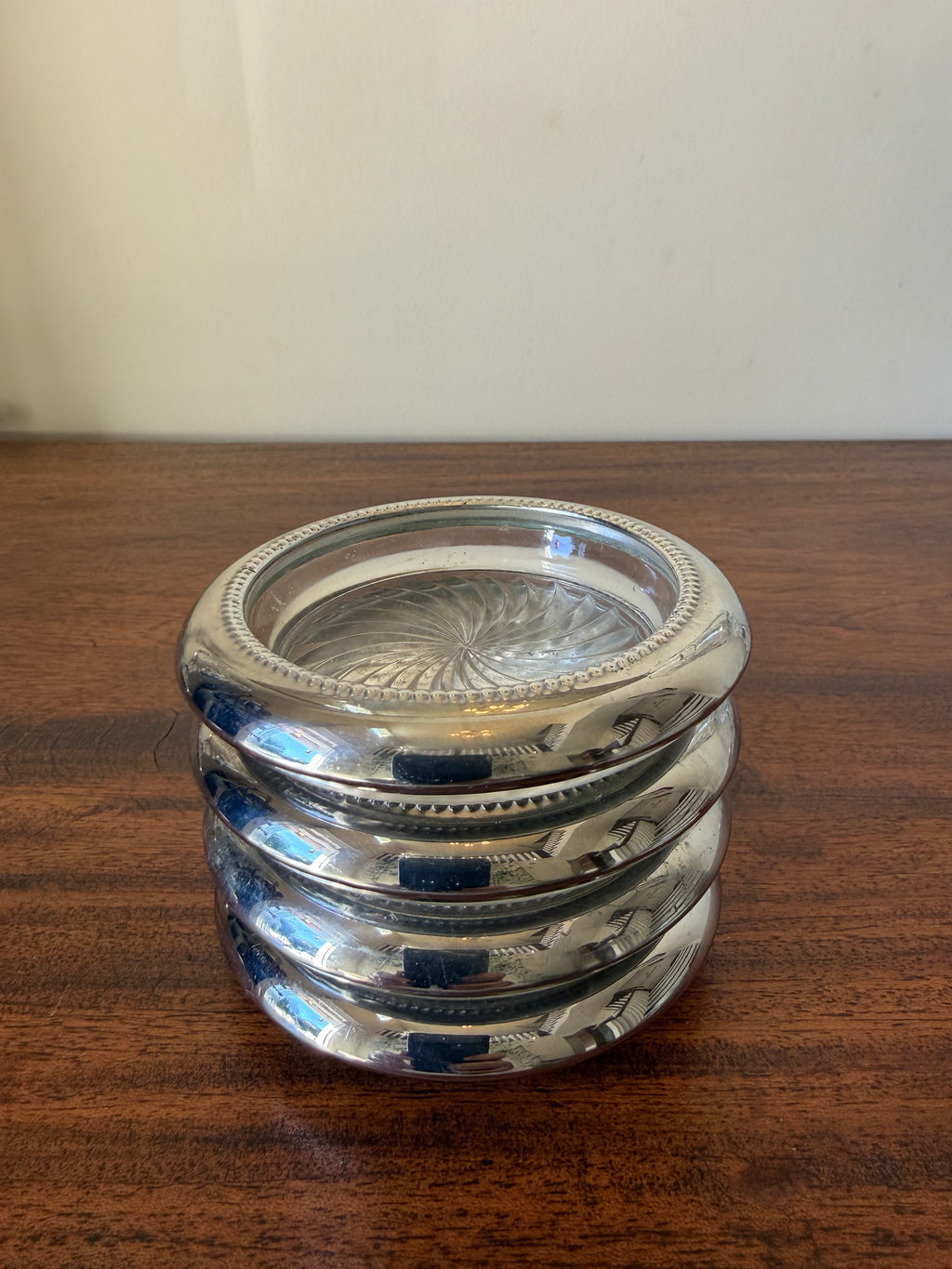 Set of 4 Silverplate & Glass Coasters