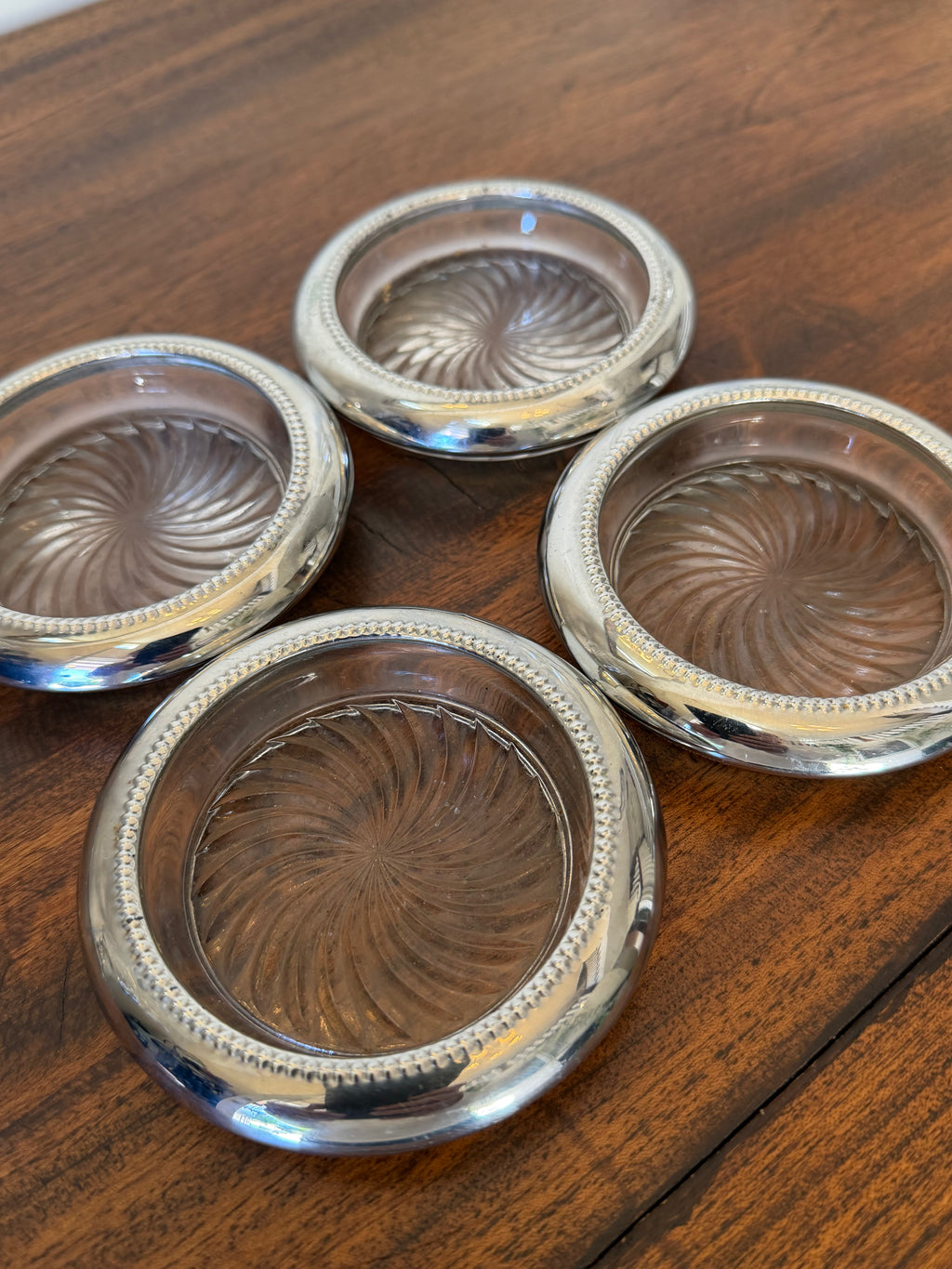 Set of 4 Silverplate & Glass Coasters
