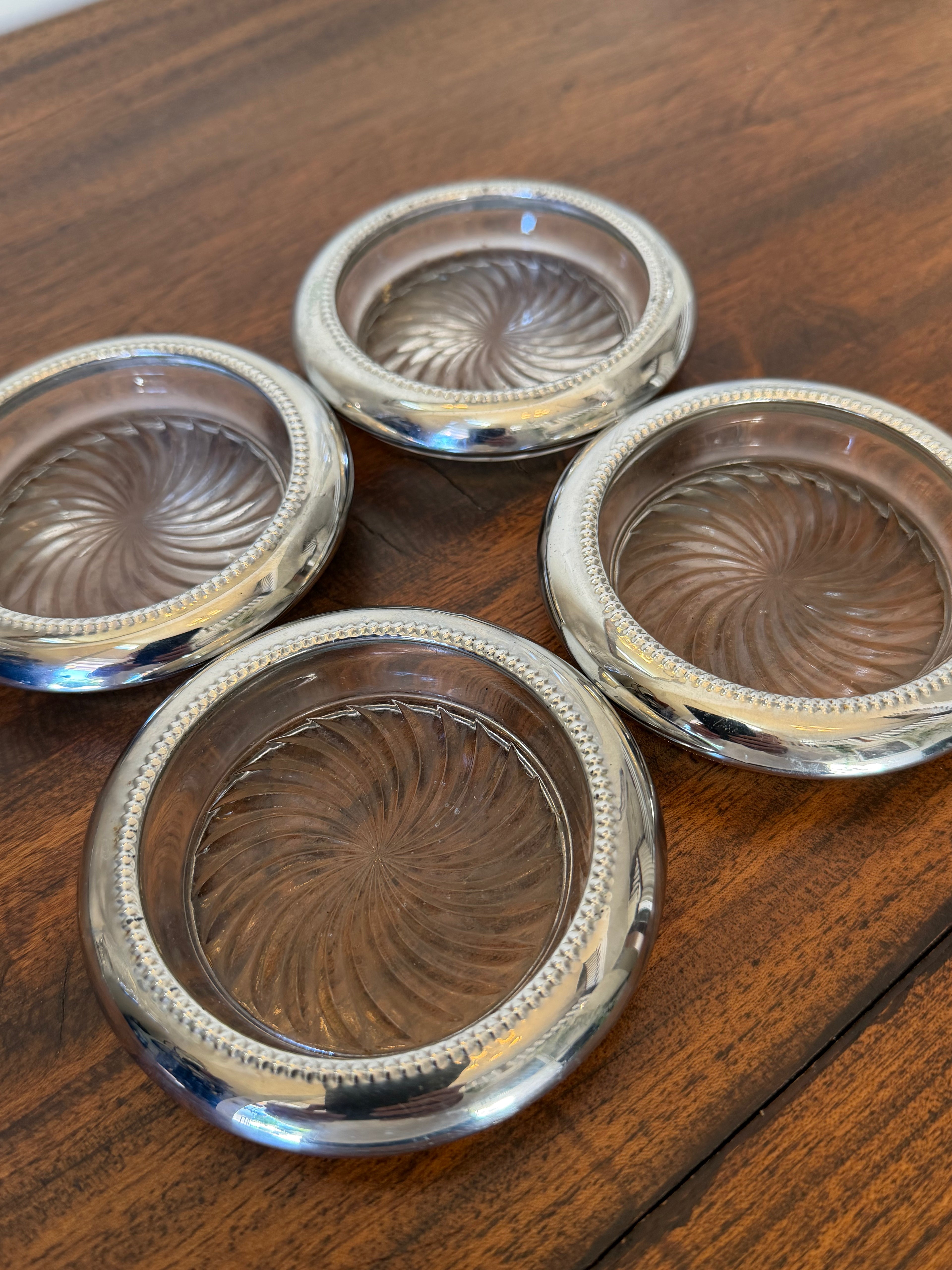 Set of 4 Silverplate & Glass Coasters